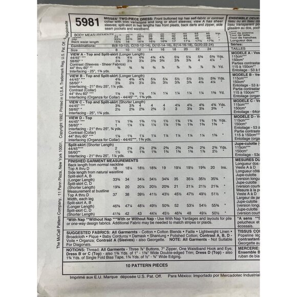 90s McCalls 5981 Two Piece Dress Sewing Pattern Sizes D 12-14-16 Vintage UNCUT - Picture 4 of 6